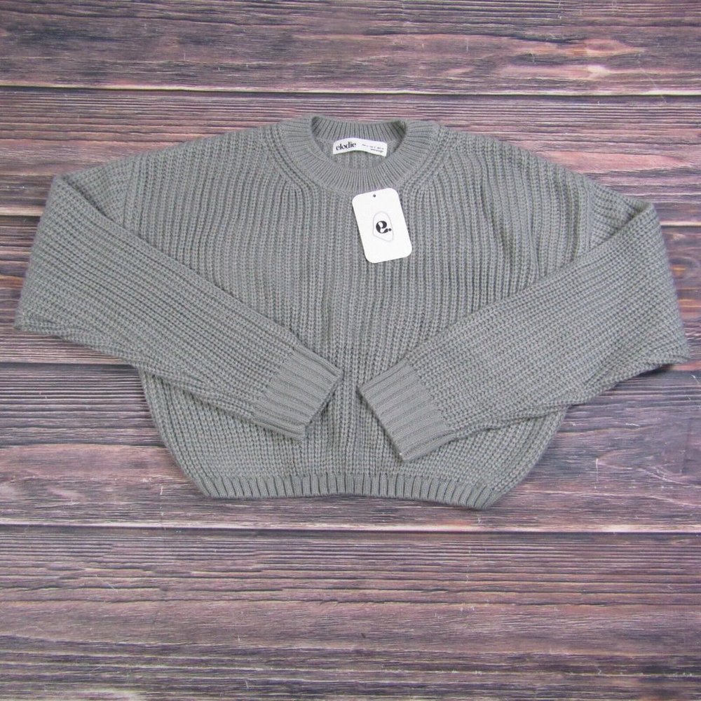 Elodie NEW Womens Small Light Gray Crewneck Crop Sweater Knit Winter